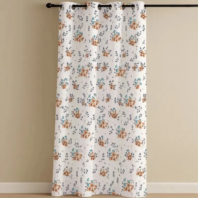 Full view of white floral eyelet curtain with brown and blue botanical print