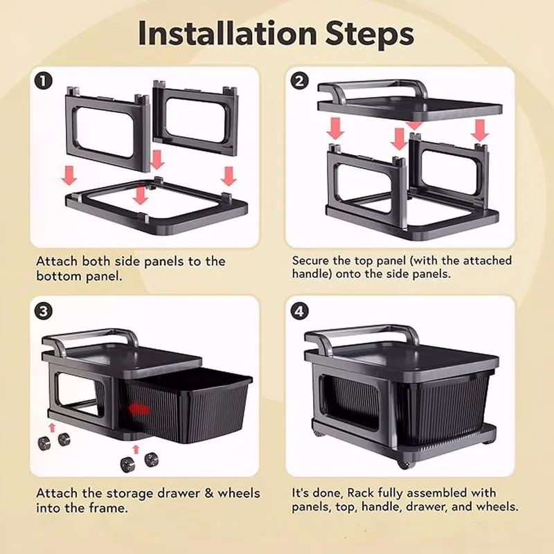 Assembly illustrations showing the organiser rack frame, drawers and wheels.
