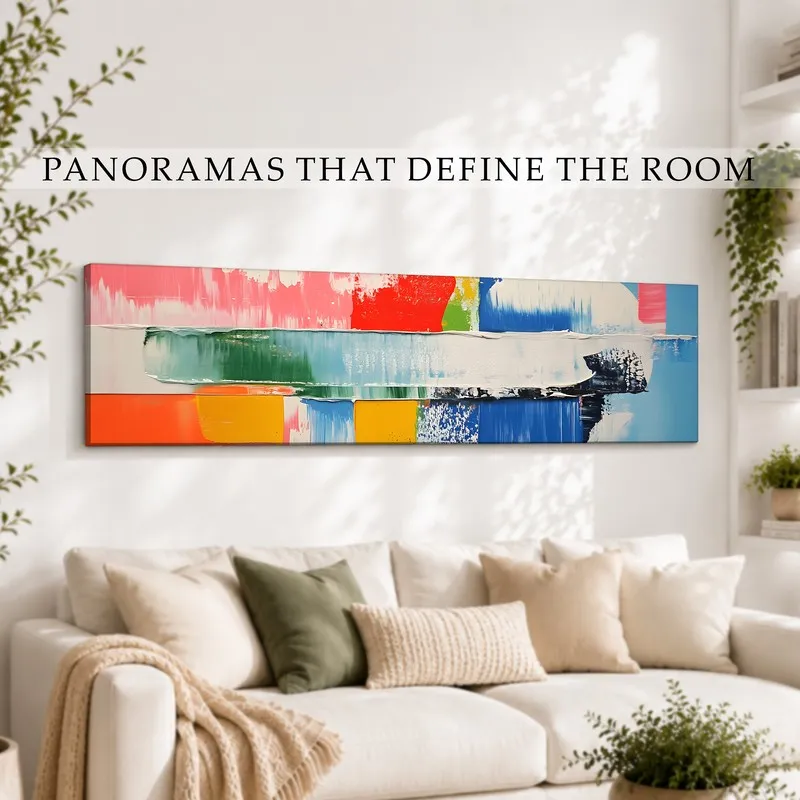 Abstract multicolour canvas wall art displayed in a bright living room