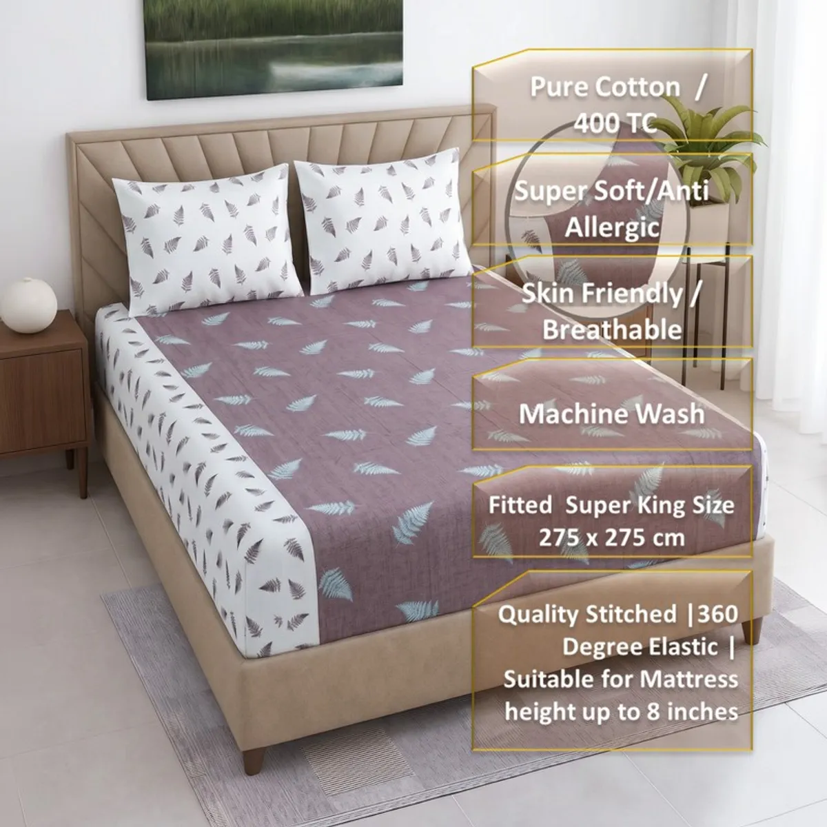 Purple fitted bedsheet with matching pillow covers shown on a bed with feature callouts