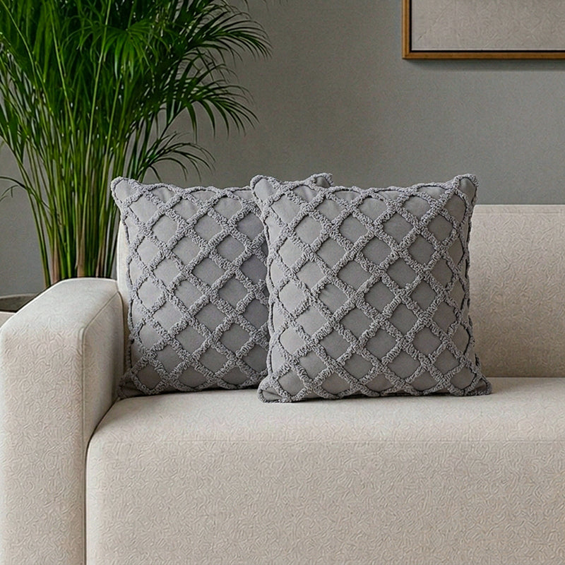 Neith Tufted Cotton Cushion Cover (Grey) - Set Of Two