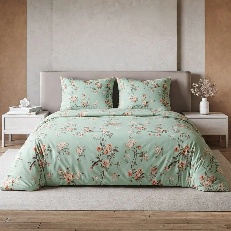 Cherry Blossom Floral Cotton Bedsheet (Green) - 254 TC - Single