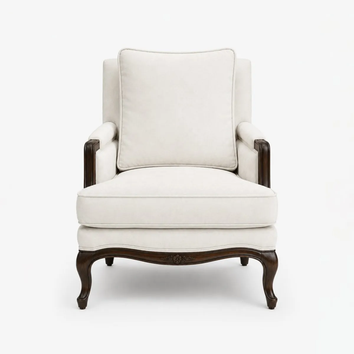 Front view of a white lounge chair with dark wooden arms and curved wooden legs