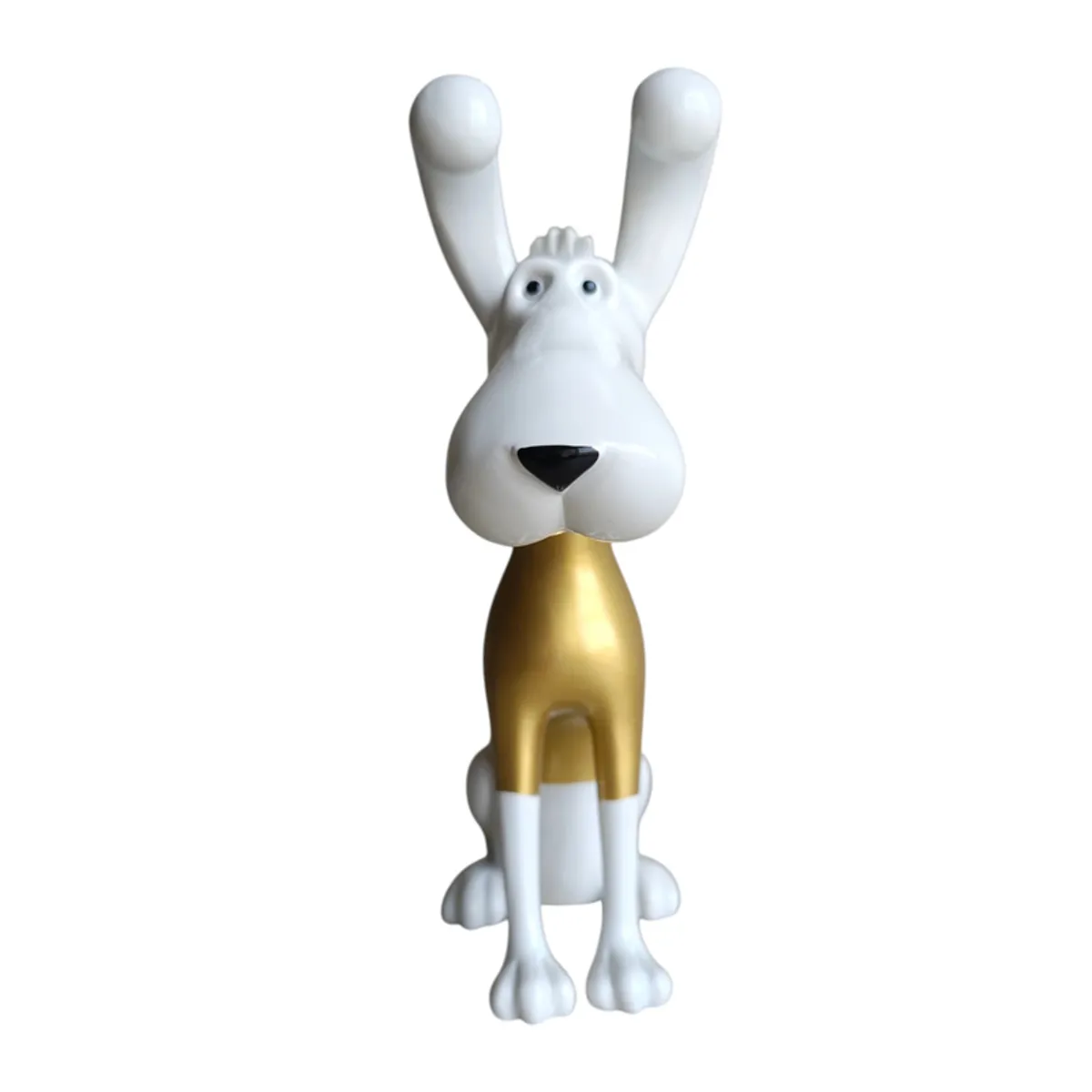 Front view of a white and gold hound sculpture on a white background