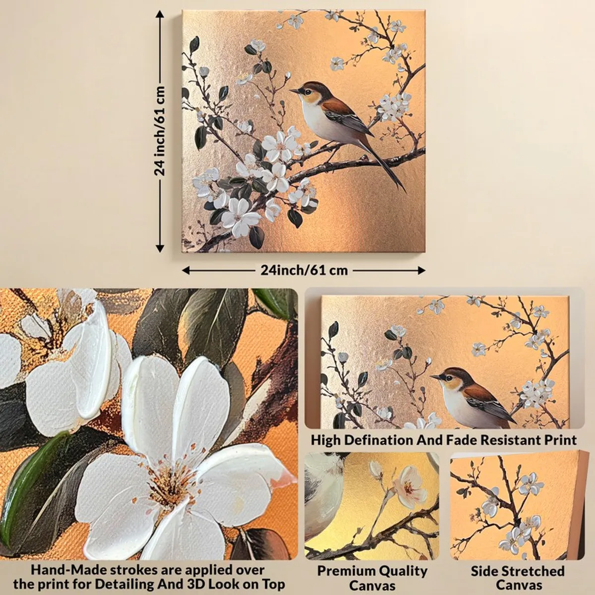 Bird and blossom canvas shown with close-up details of the artwork texture