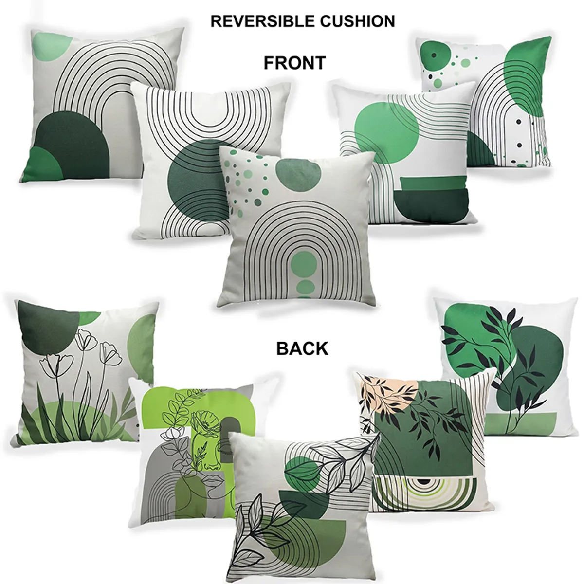 Five reversible cushion covers shown with different green and white front and back designs.