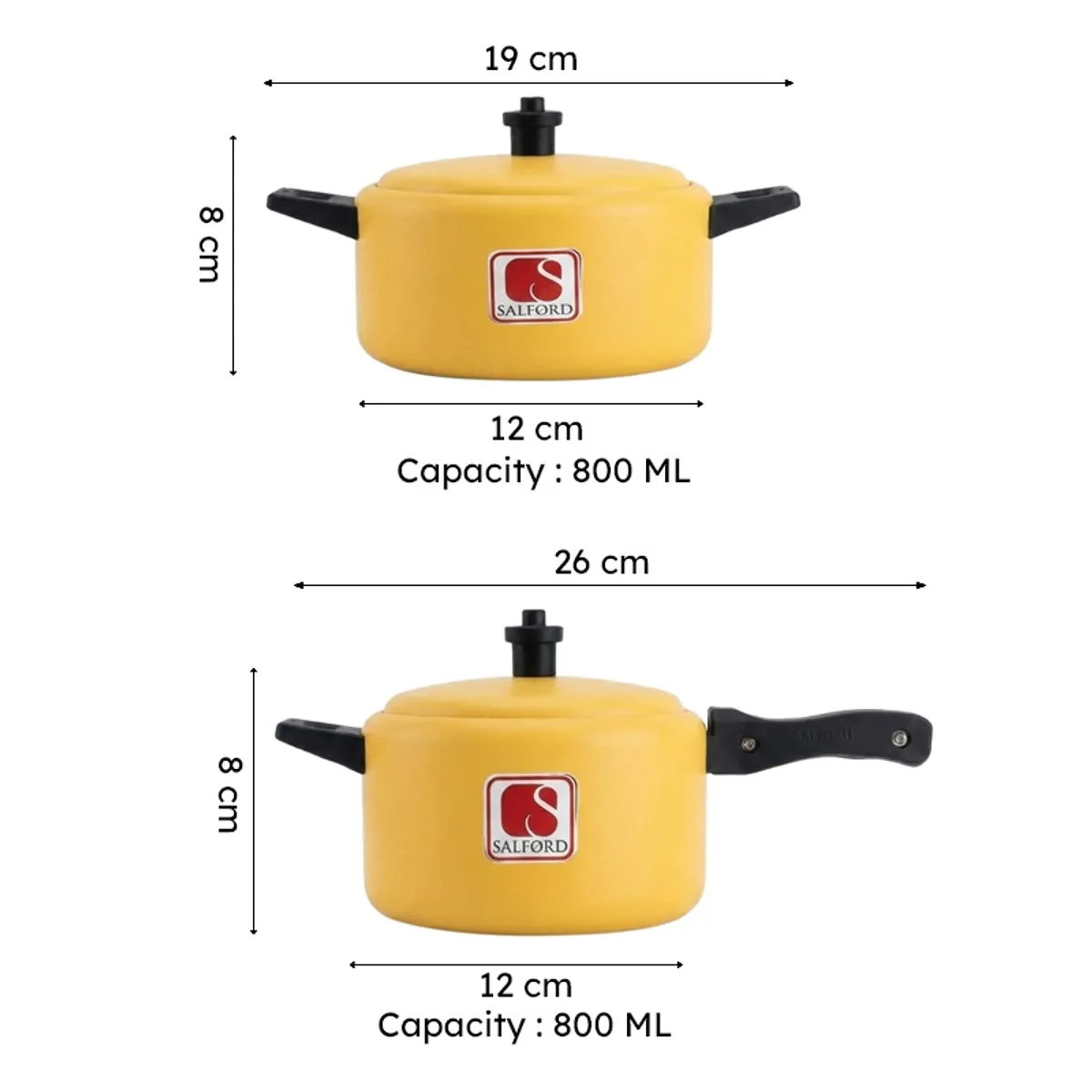 Yellow cookware pieces shown with visible size and capacity diagrams