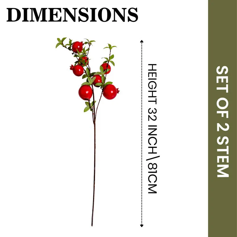 Single artificial pomegranate stem shown against a dimensions graphic