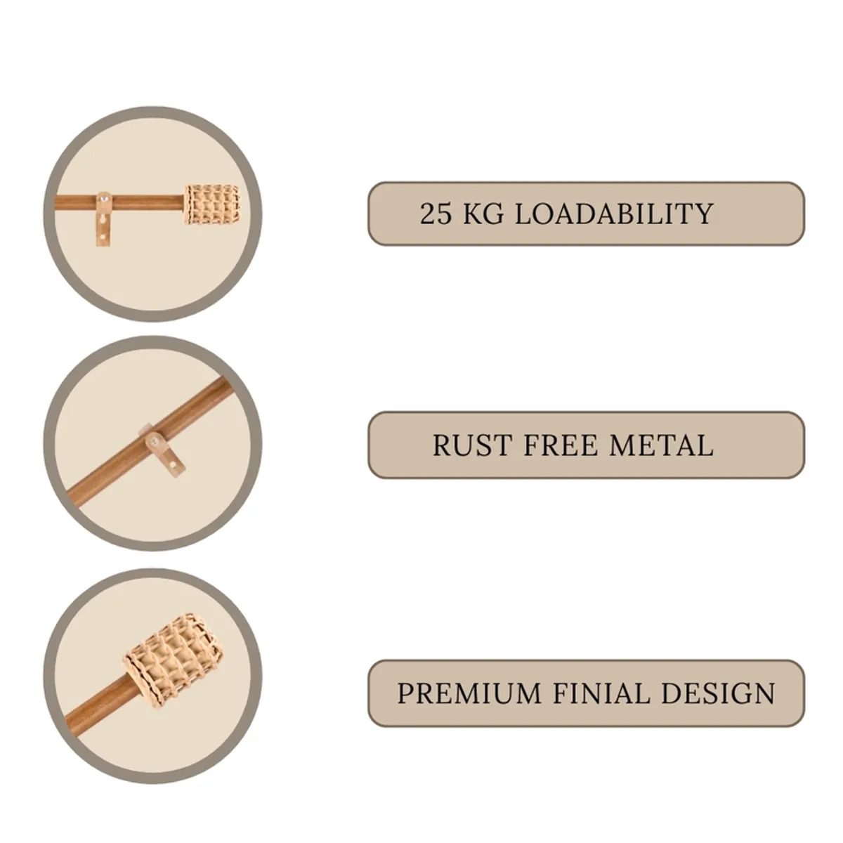 Beige curtain rod highlights showing woven finial and metal bracket details