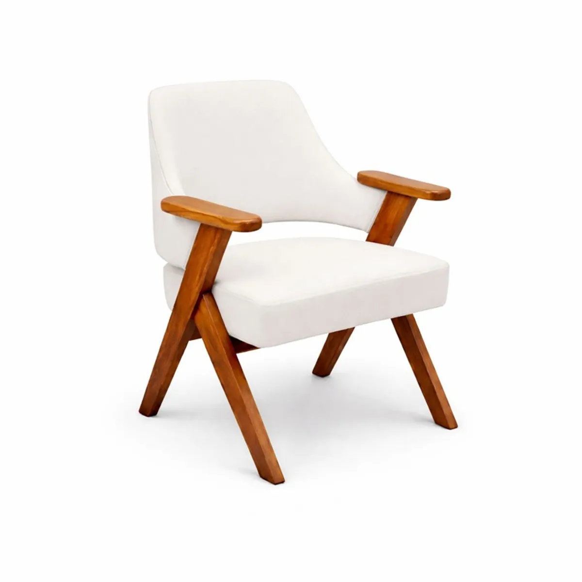White upholstered accent chair with warm teak arms and angled wooden legs