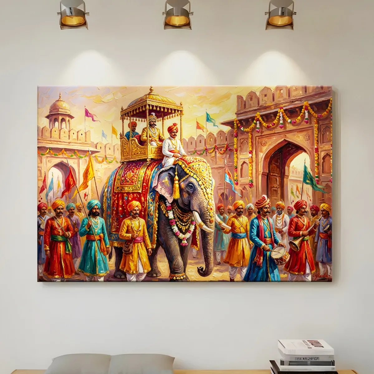 Large multicolour elephant festival canvas painting on a wall
