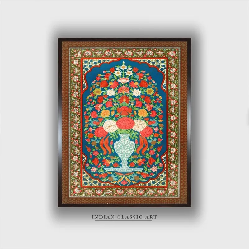 Front view of framed multicolour Persian floral vase canvas wall painting