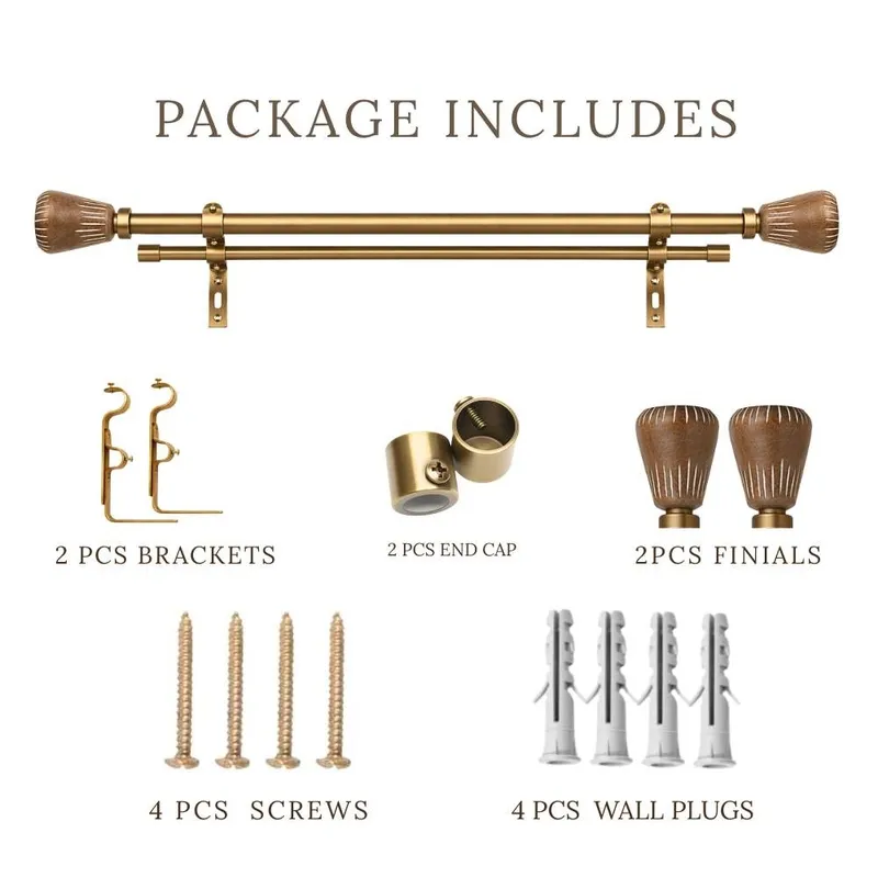 Double curtain rod set with finials, brackets and mounting hardware laid out
