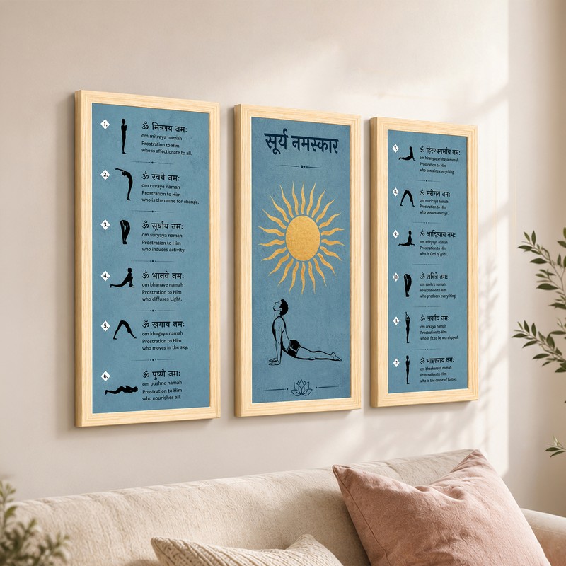 Surya Namaskar Wall Painting With Frame - Set of Three