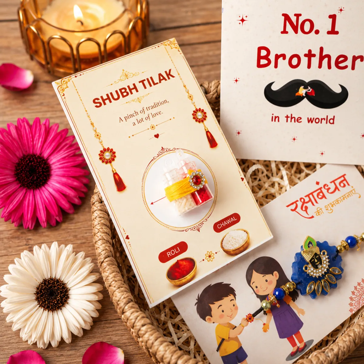 Festive hamper close-up showing Shubh Tilak card, brother card and Krishna rakhi