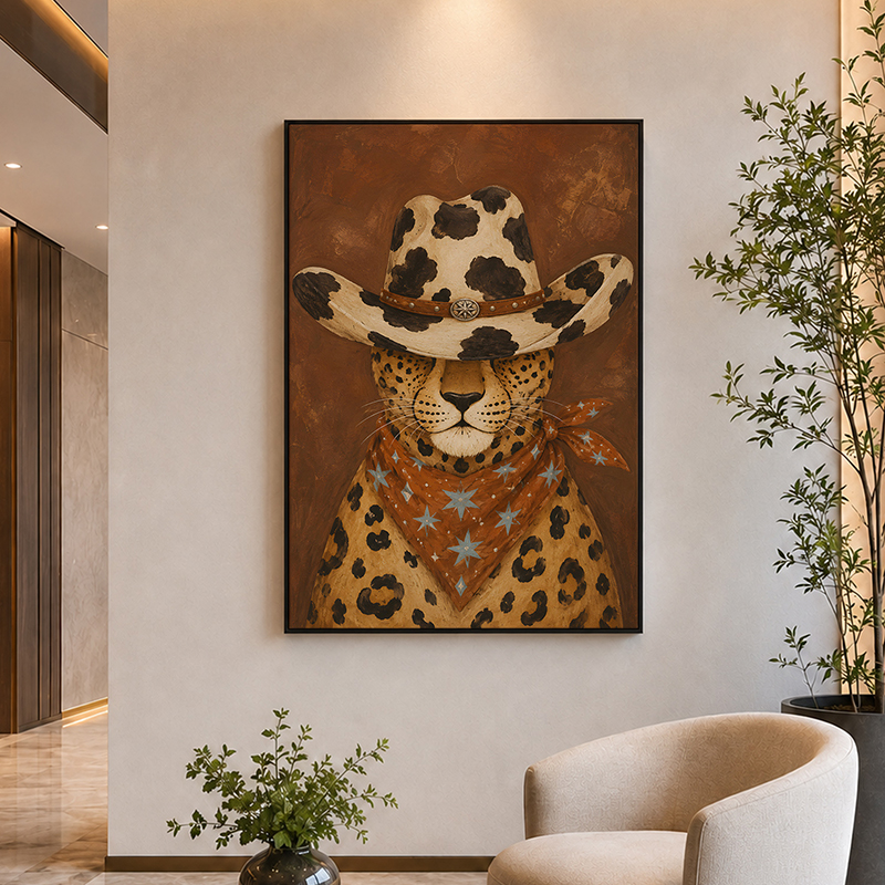 Leopard in a Ten-Gallon Hat Canvas Wall Painting With Frame - Small