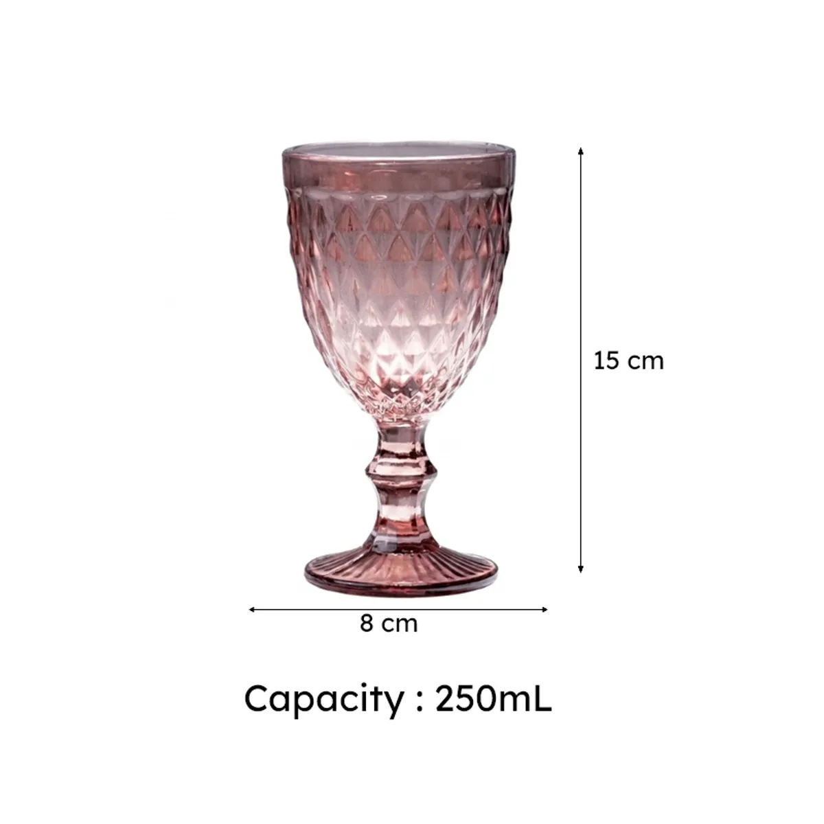 Single pink textured stemmed wine glass with 250 mL capacity shown