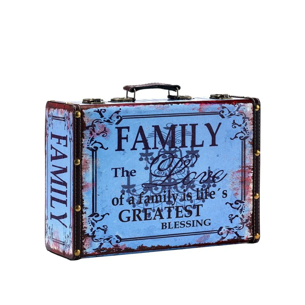 Blue and black MDF canvas storage box with vintage family lettering and metal latches