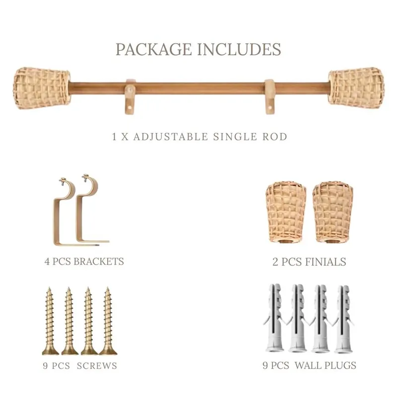 Curtain rod set with woven finials and mounting components laid out