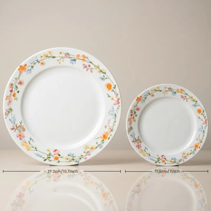 Large and small round plates with delicate multicolour floral border
