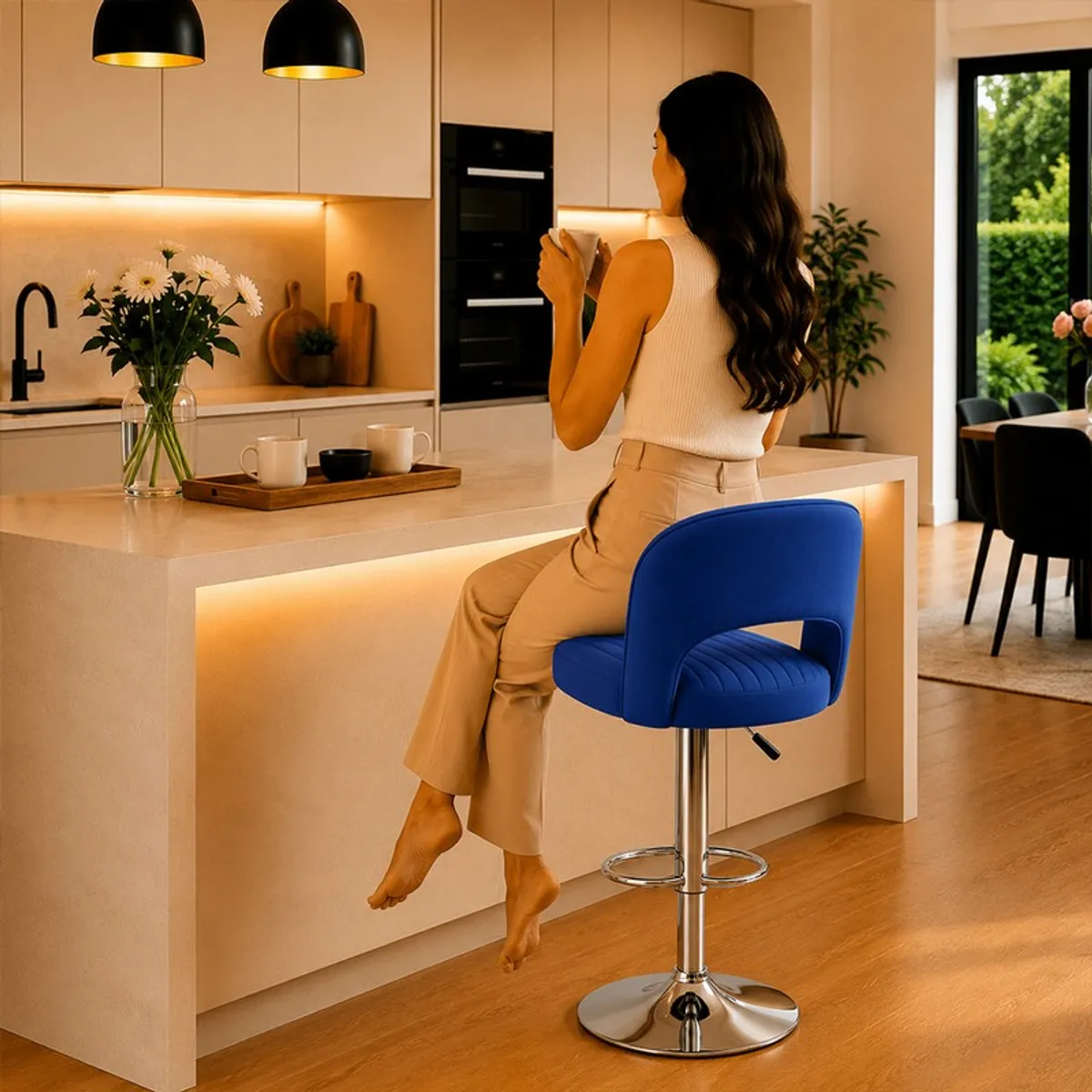 Blue bar chair with curved back placed at a kitchen island