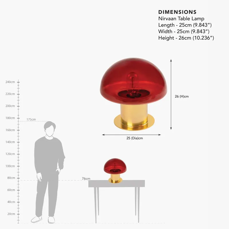 Dimension reference image of the ruby mushroom glass table lamp