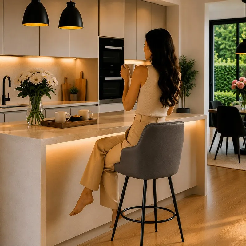 Person seated on a dark grey bar chair at a kitchen island