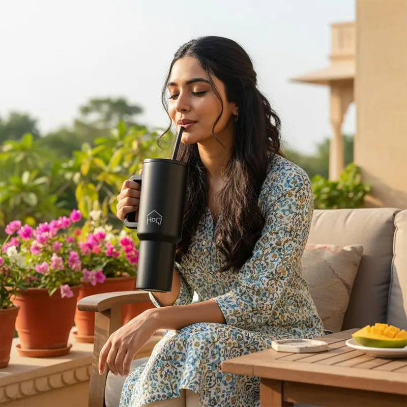 Woman holding and drinking from a black handled tumbler outdoors