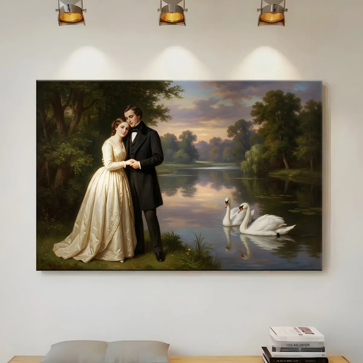 Large framed canvas art of a couple and swans under warm wall lighting