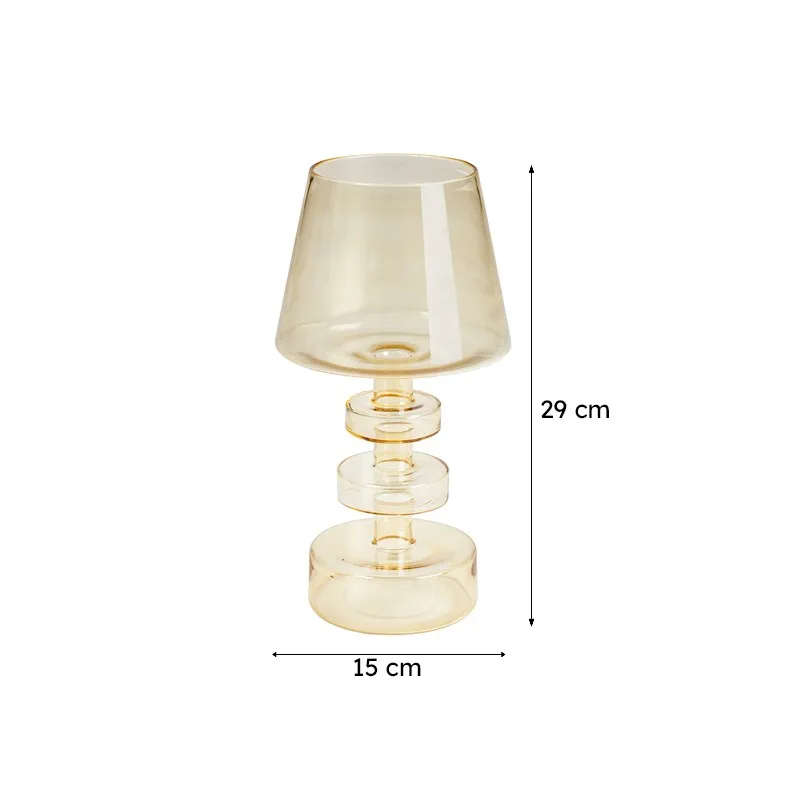 Amber glass candle holder shown front-on with size markings