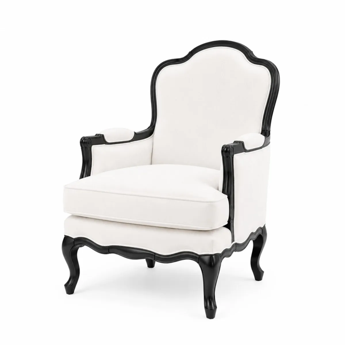 Three-quarter view of a white upholstered accent chair with a dark sculptural frame