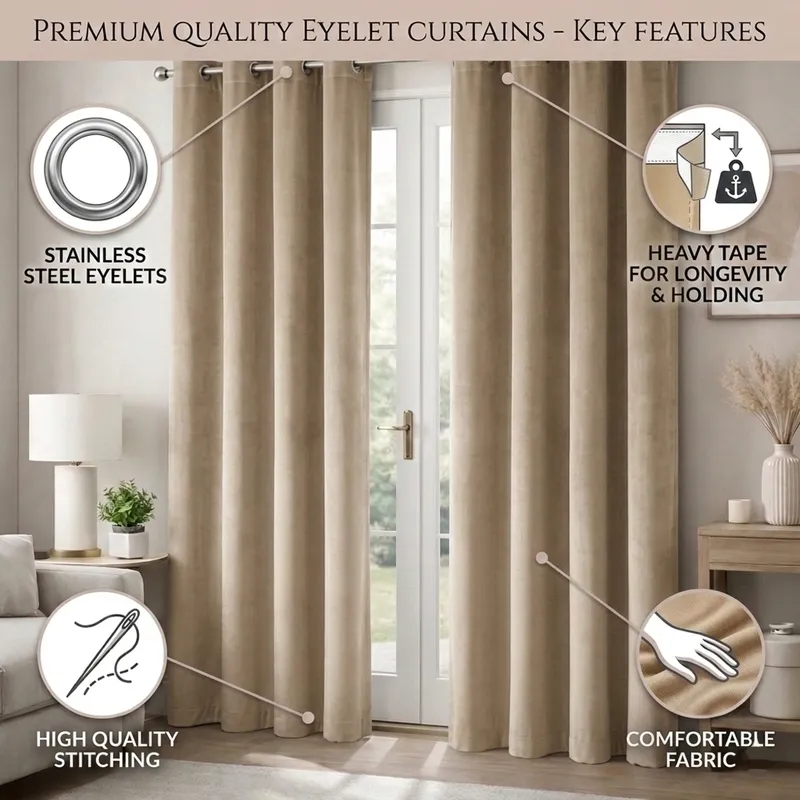 Beige eyelet curtains shown with feature callouts in a living room setting