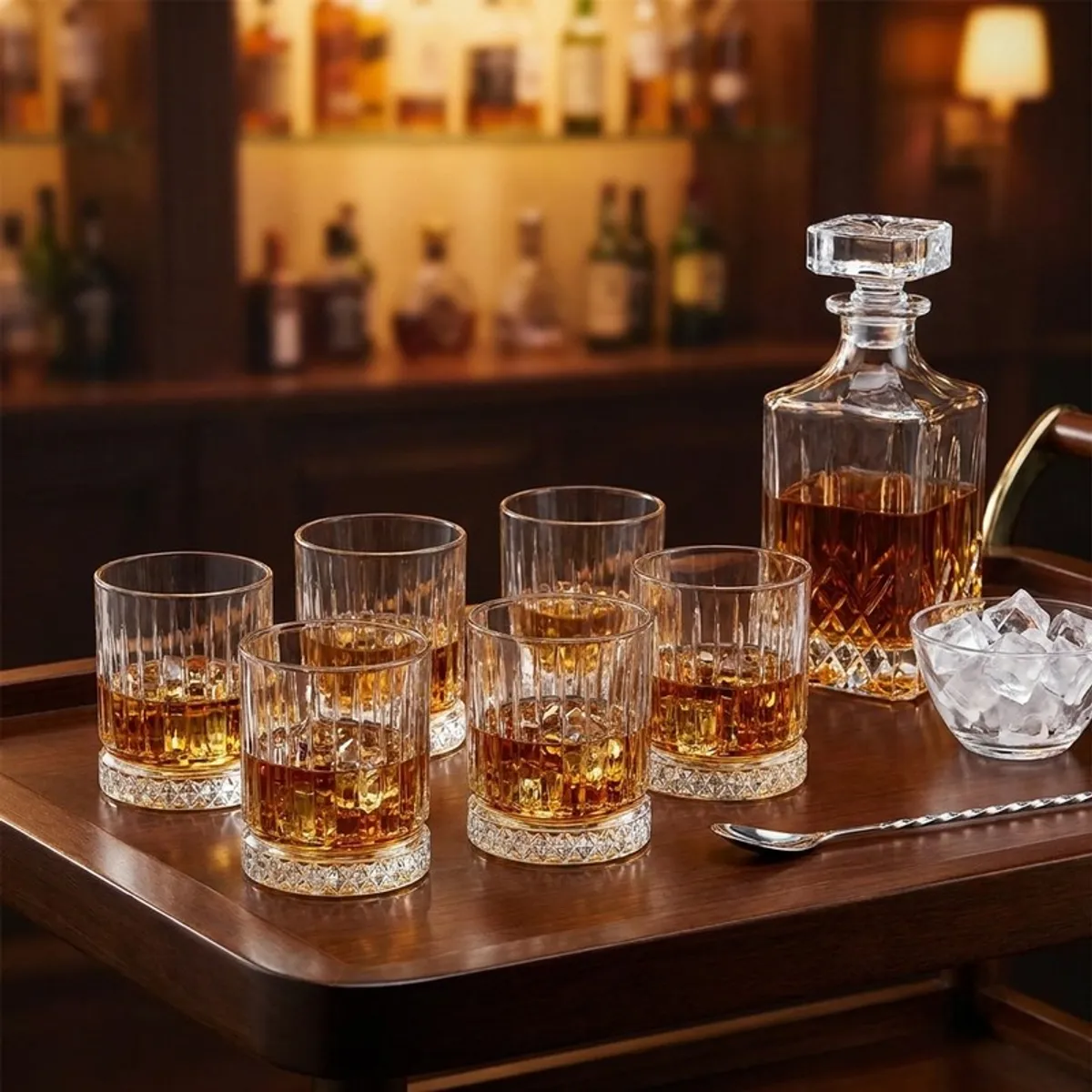 Set of six whiskey glasses with a glass decanter on a bar table