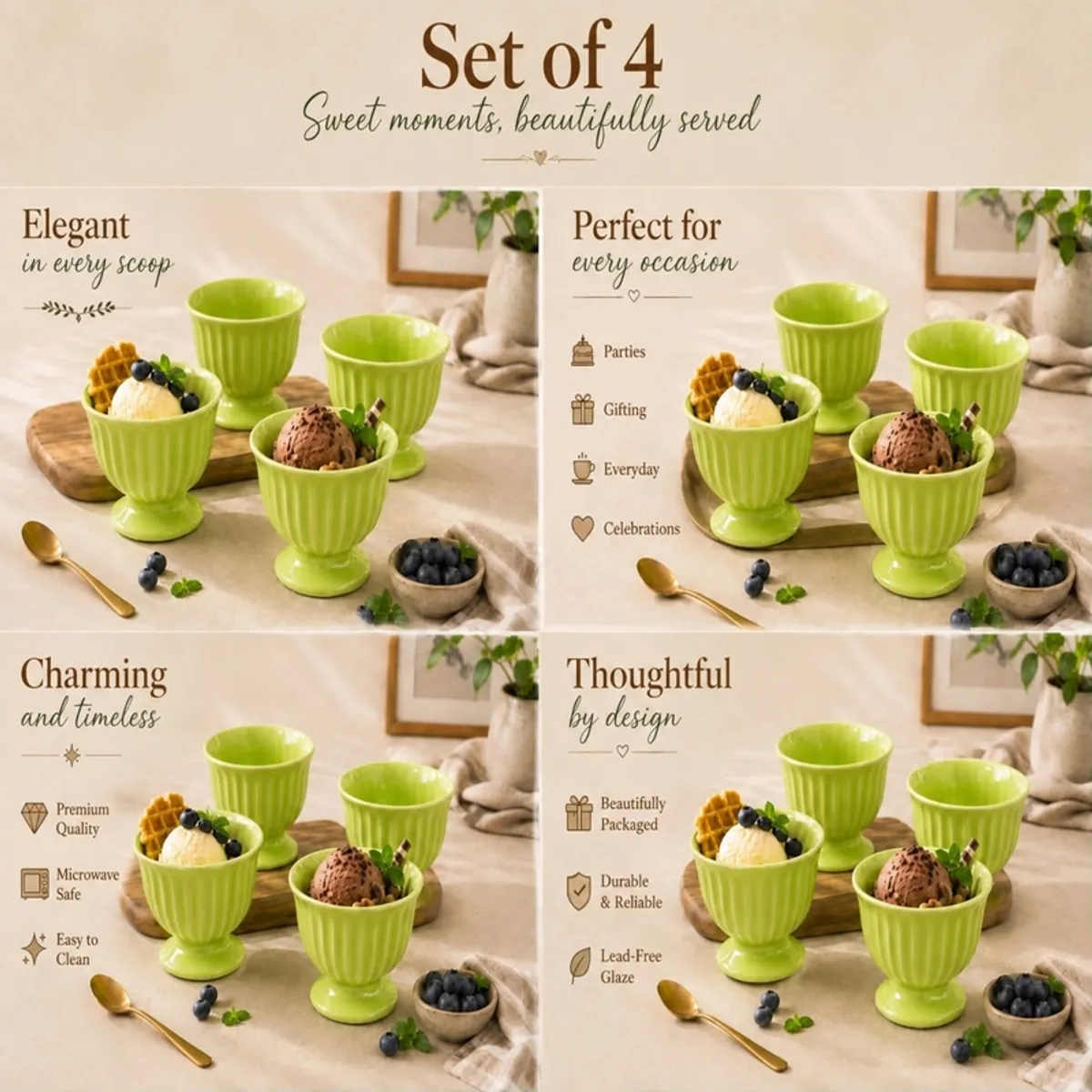 Four green dessert cups arranged with ice cream, berries and waffles