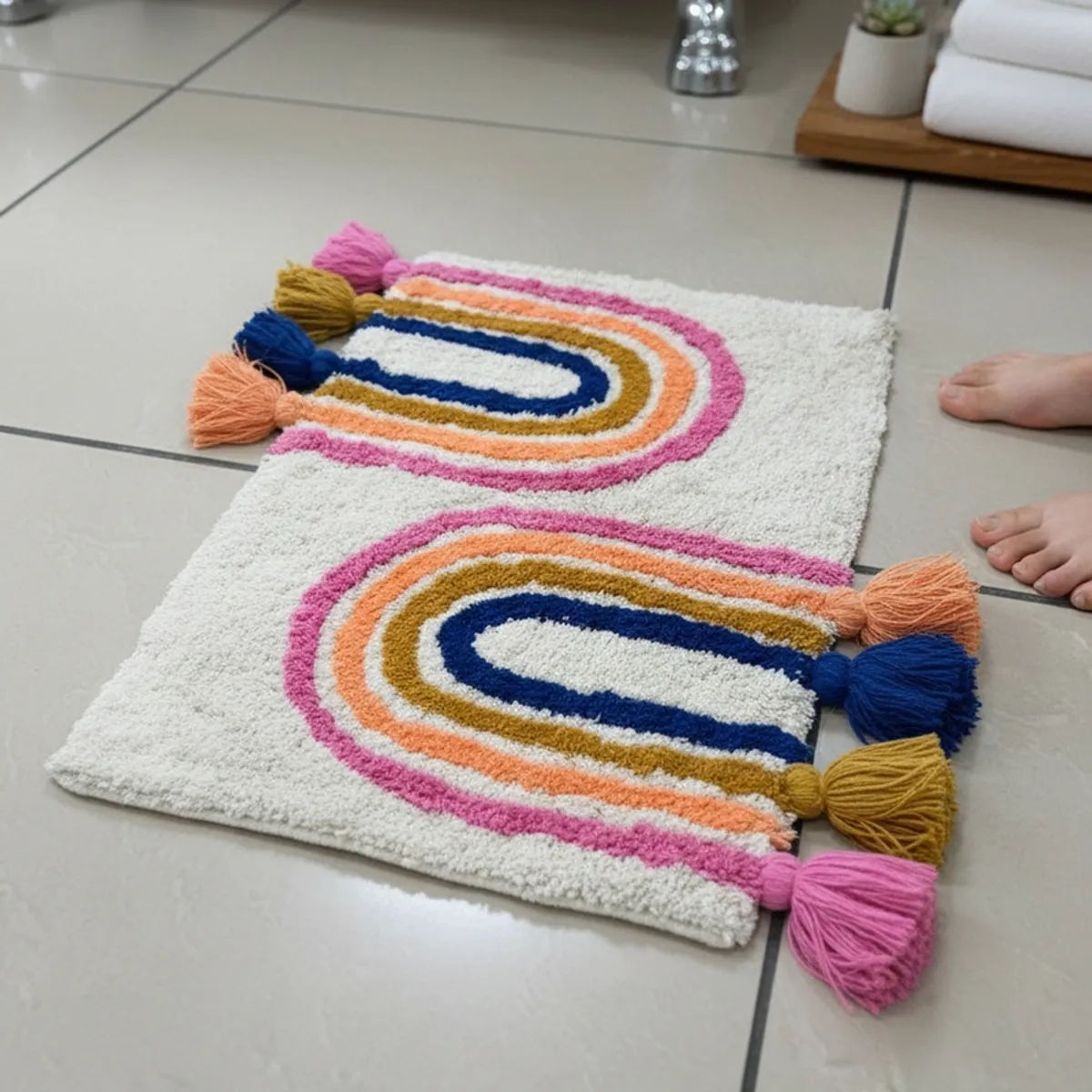 Tufted-looking cream bath mat with rainbow arches displayed on bathroom tiles