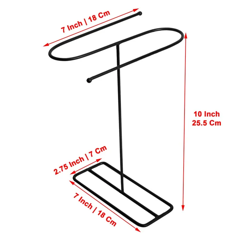 Black towel hanger shown with labelled dimensions and a rectangular base