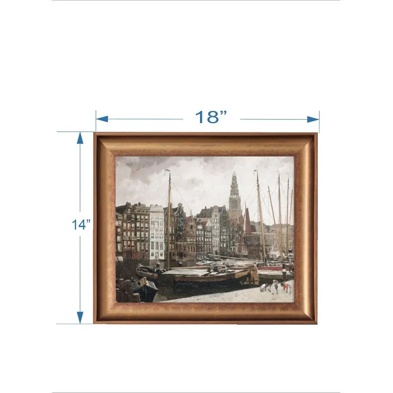 Framed harbour painting with visible 18 by 14 inch size markings