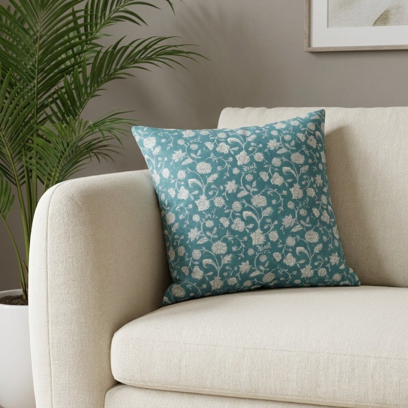Daisy Drift Printed Cotton Cushion Cover - Blue,White