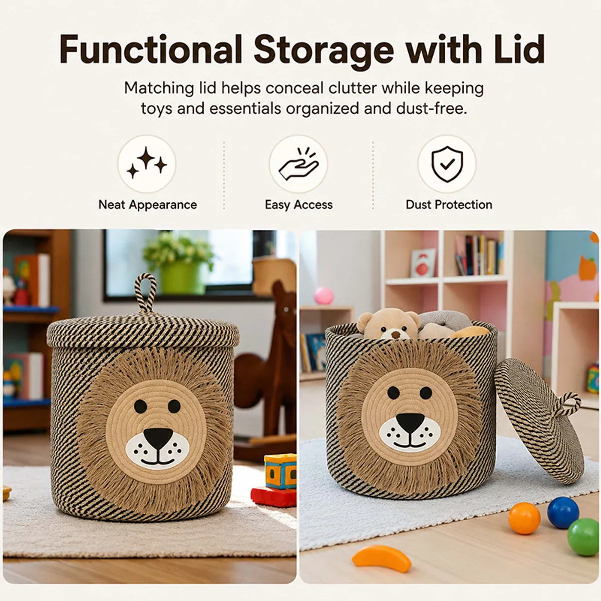 Lion storage basket shown closed and open with matching lid