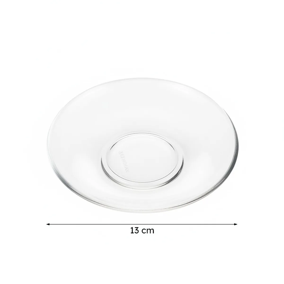 Single transparent glass saucer on white background