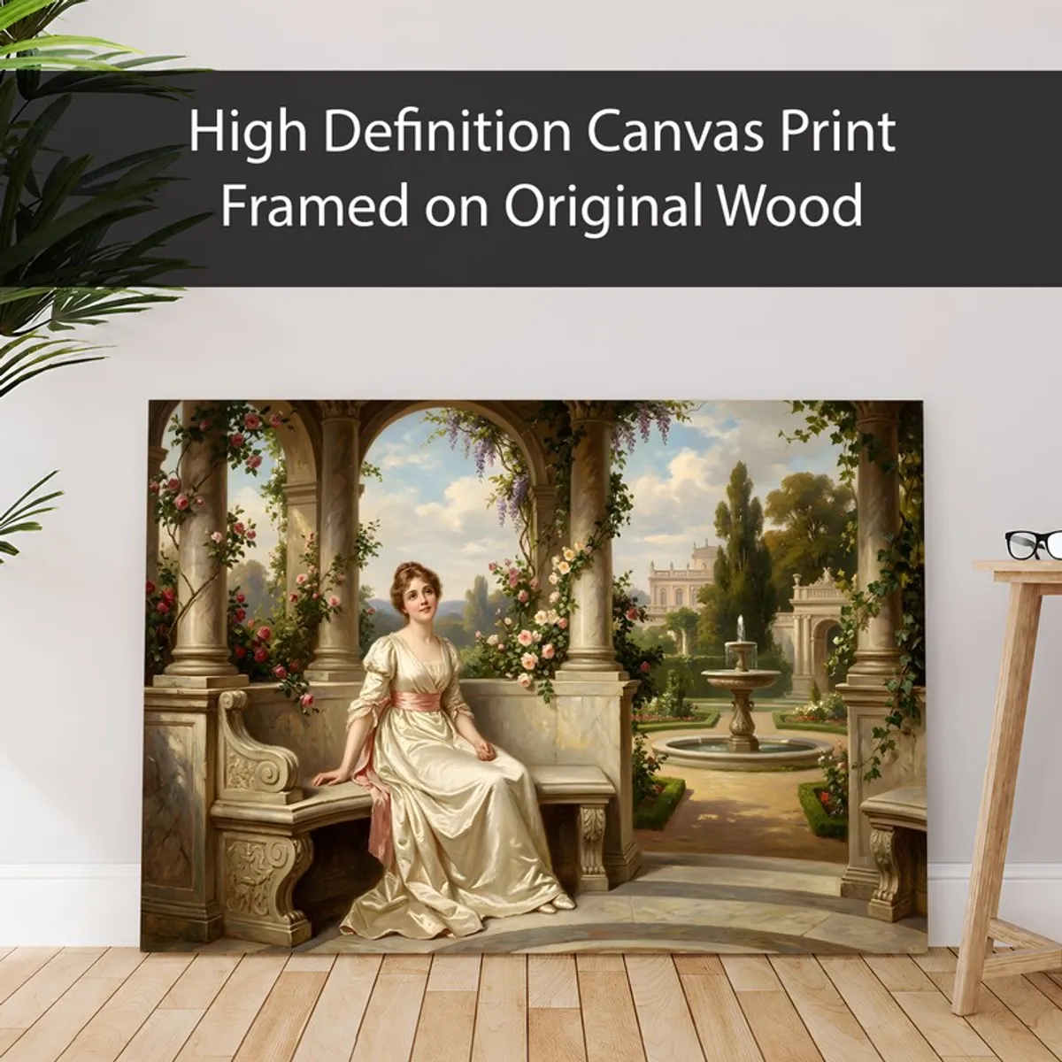 Large canvas art of a woman in a European courtyard leaning against a wall on wood flooring