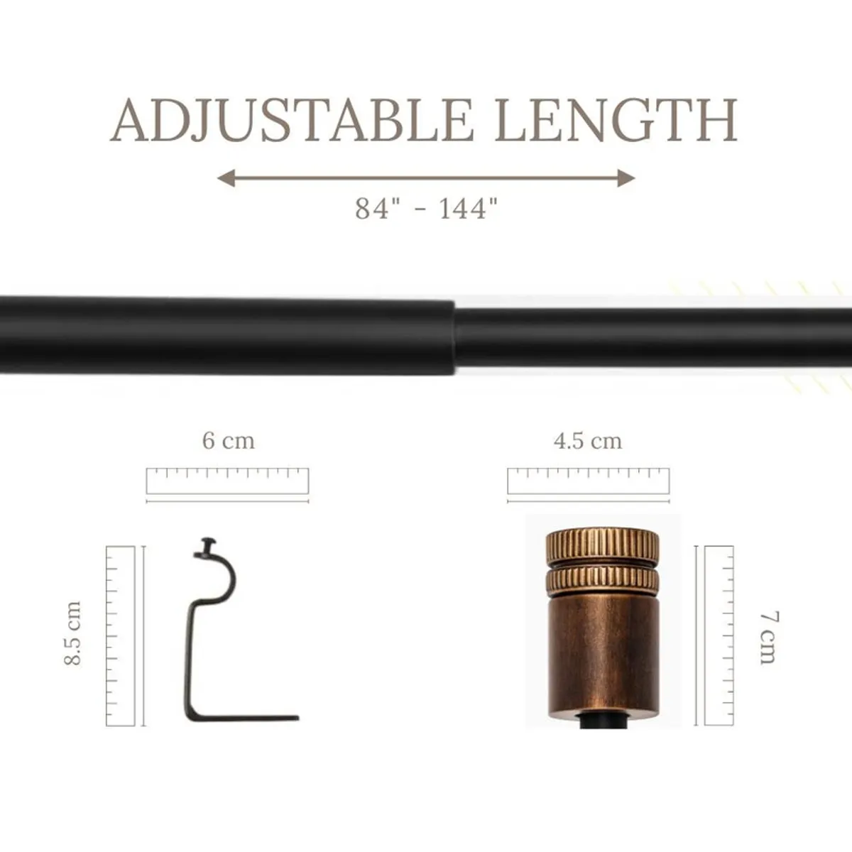 Extendable black curtain rod with bracket and round finial detail