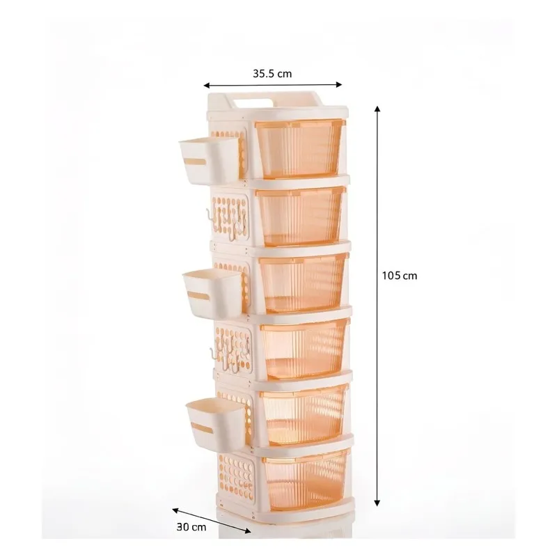 Ivory six-tier organiser rack shown with width, depth and height measurements.