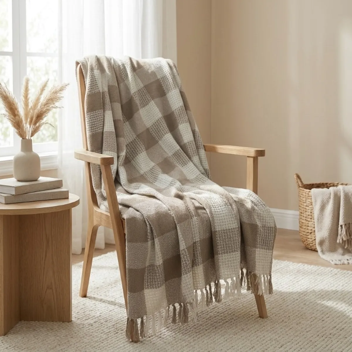 Beige and white throw arranged over a wooden armchair in a warm contemporary room