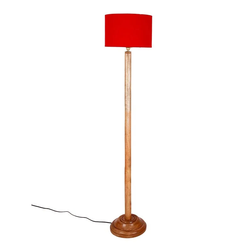 Wooden floor lamp with red drum shade on a white background with visible cord