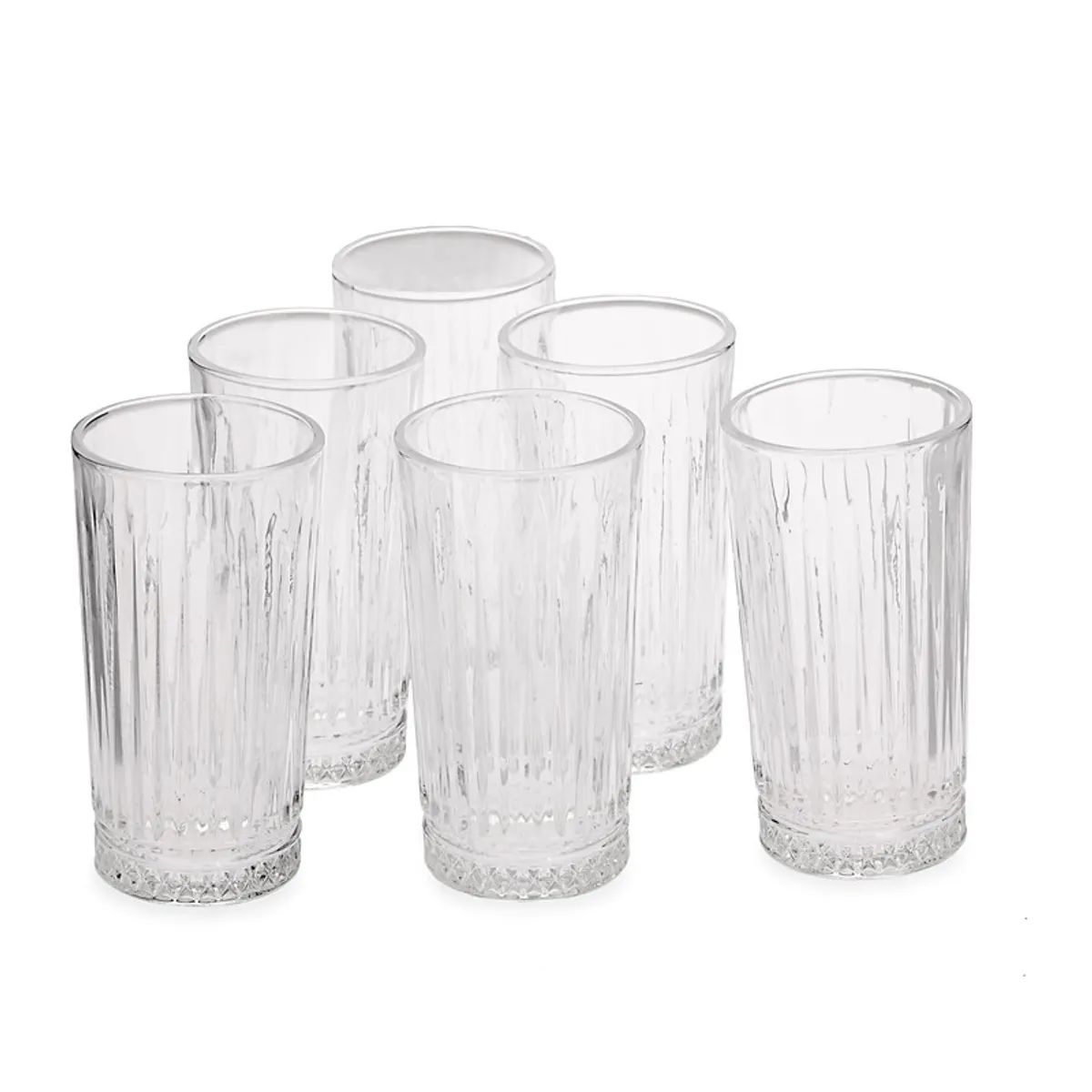 Five clear textured drinking glasses on a plain light background