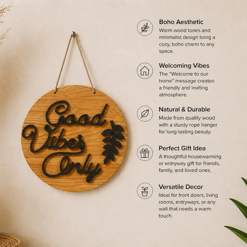 Round Good Vibes Only wall accent shown with a leafy flourish