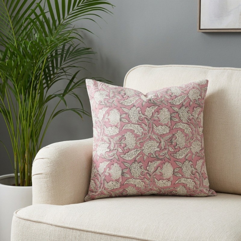 Floral Trail Printed Cotton Cushion Cover - Pink,White