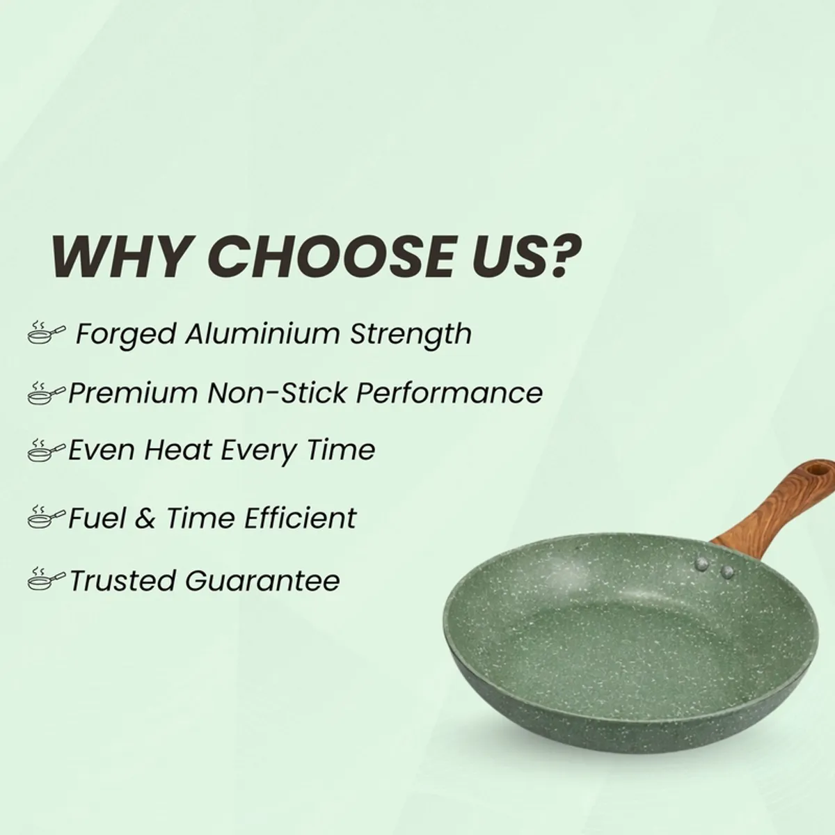 Green frying pan shown with cooking performance feature callouts