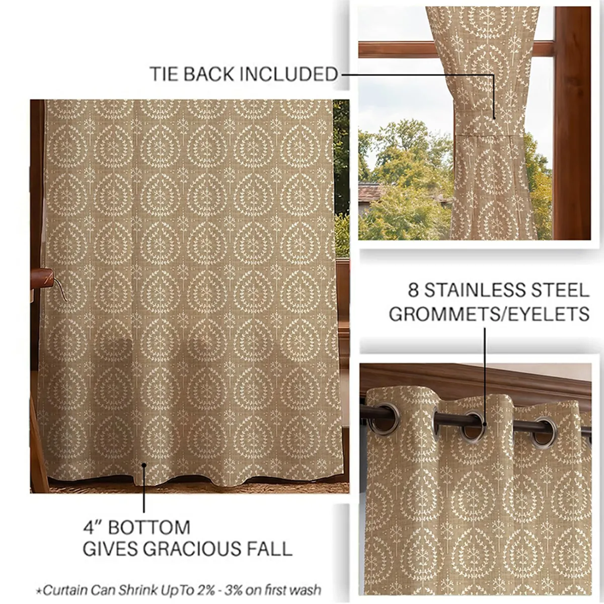 Beige patterned curtain displayed in a window with a warm wooden interior.